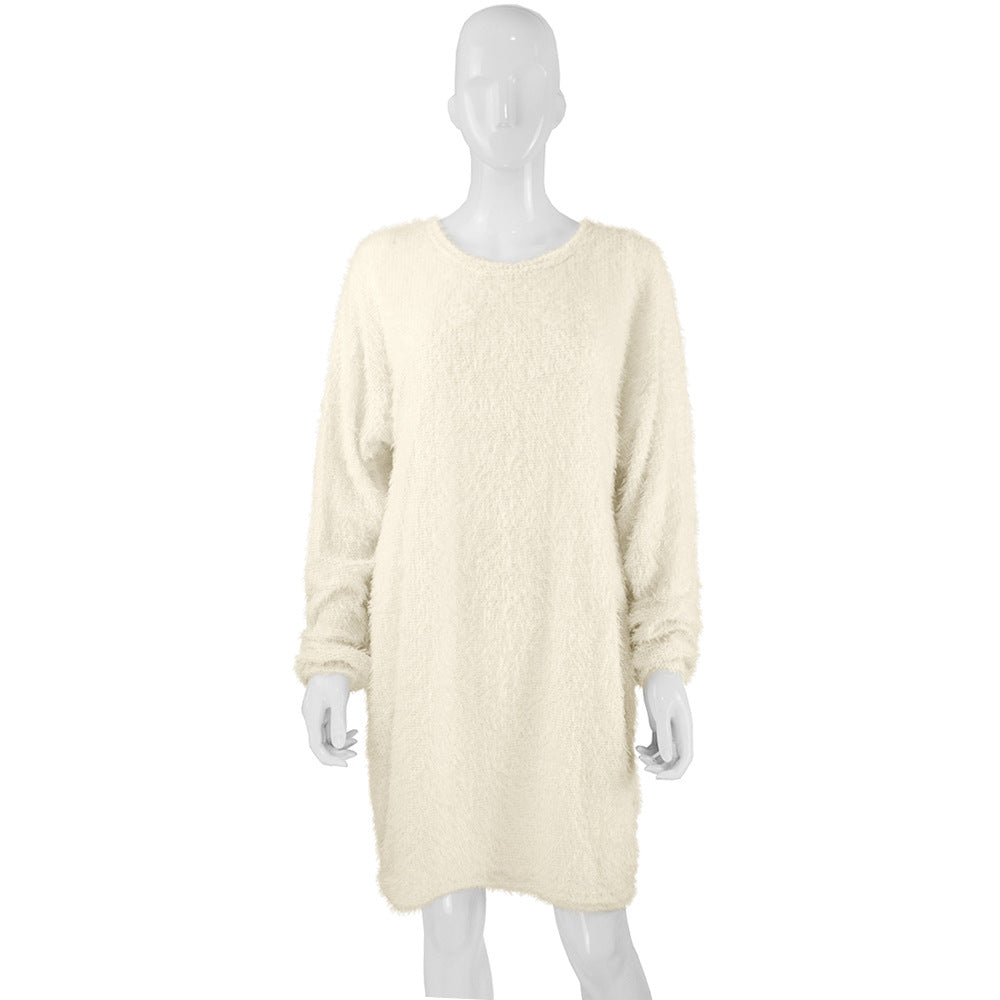 Autumn Winter Women Clothes Mid Length Long Sleeve Round Neck Loose Plush Dress