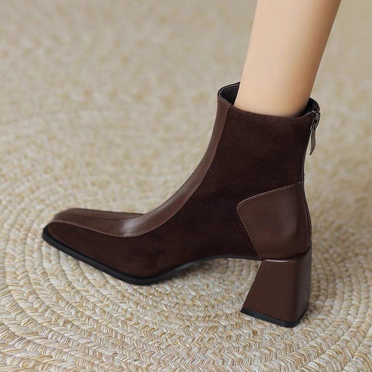 Womens Vintage Square Toe Block Heel Ankle Boots French Style Color Block Back Zipper Minimalist Commute High Heel Single Boots Womens Ankle Boots