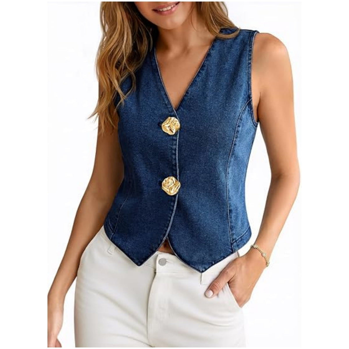 Womens Buttoned Denim Vest Top Fashionable Summer Casual V-Neck Single-Piece Waistcoat