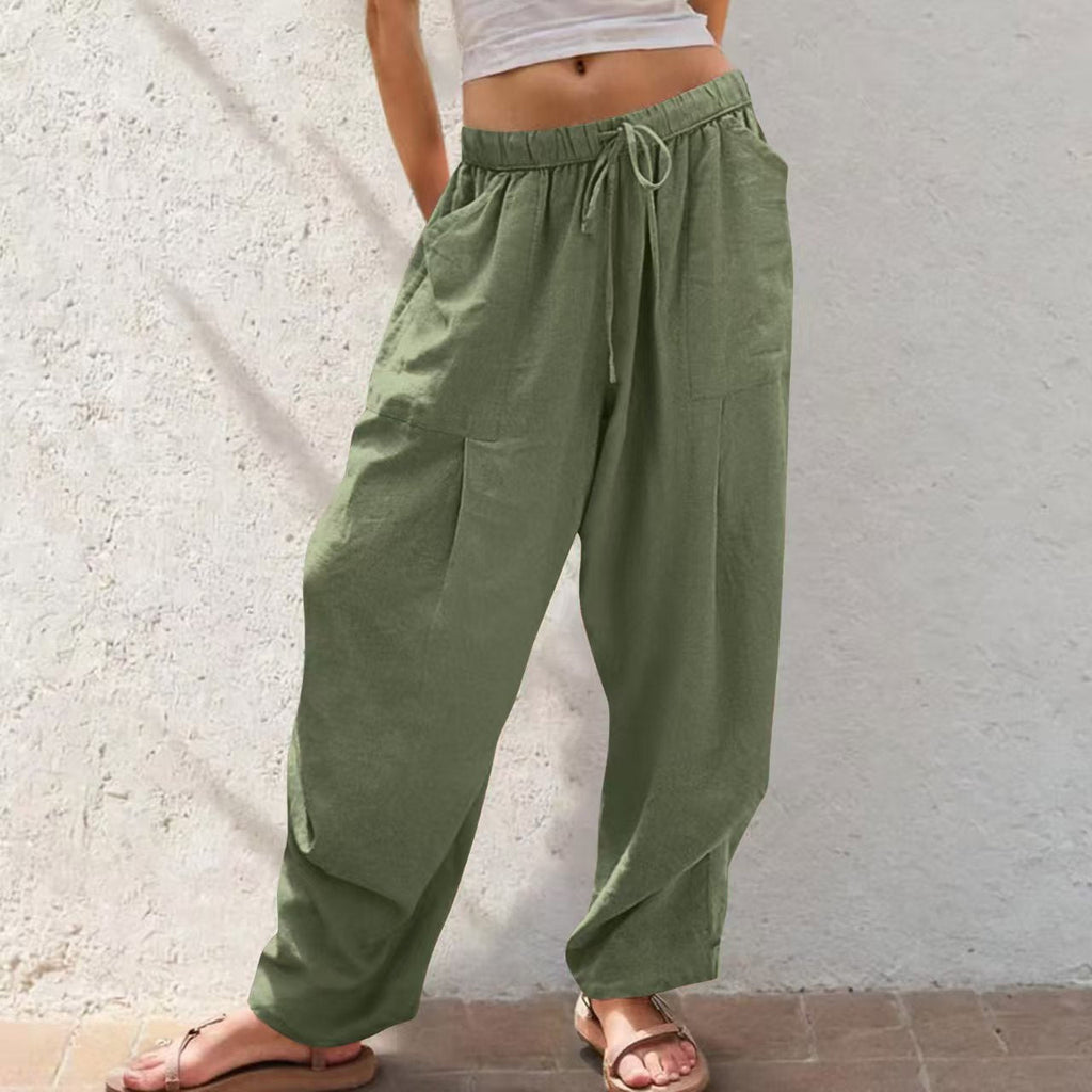 Womens Solid-Color Cotton-Linen Casual Loose Straight Pockets Lounge Pants With Drawstring See size chart under “more details”