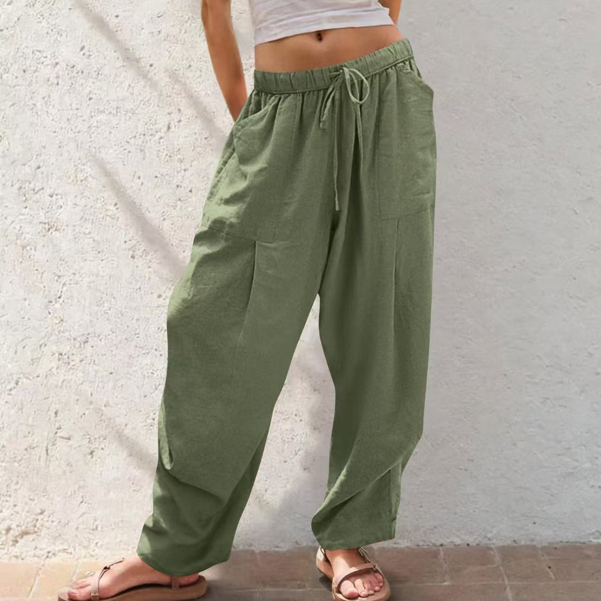Womens Solid-Color Cotton-Linen Casual Loose Straight Pockets Lounge Pants With Drawstring See size chart under “more details”