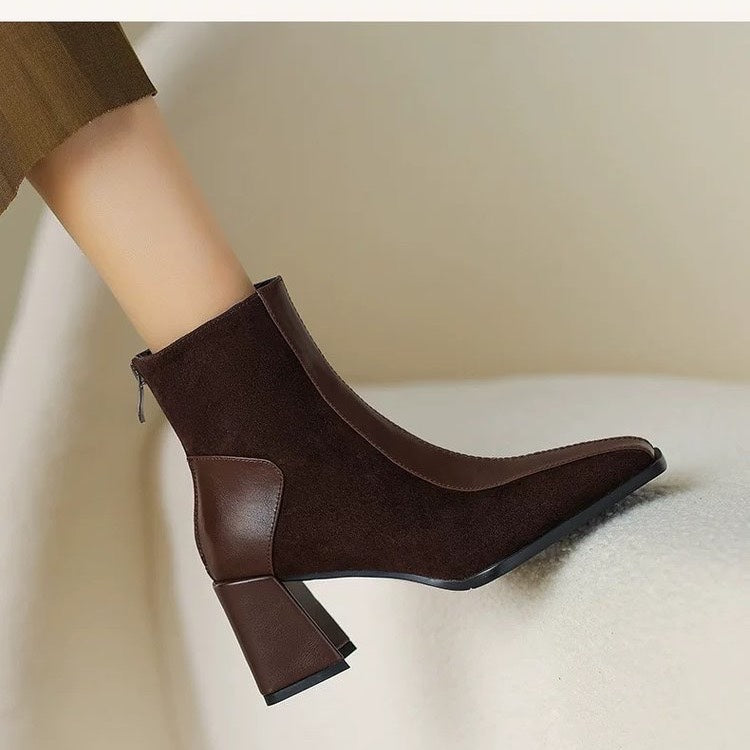 Womens Vintage Square Toe Block Heel Ankle Boots French Style Color Block Back Zipper Minimalist Commute High Heel Single Boots Womens Ankle Boots
