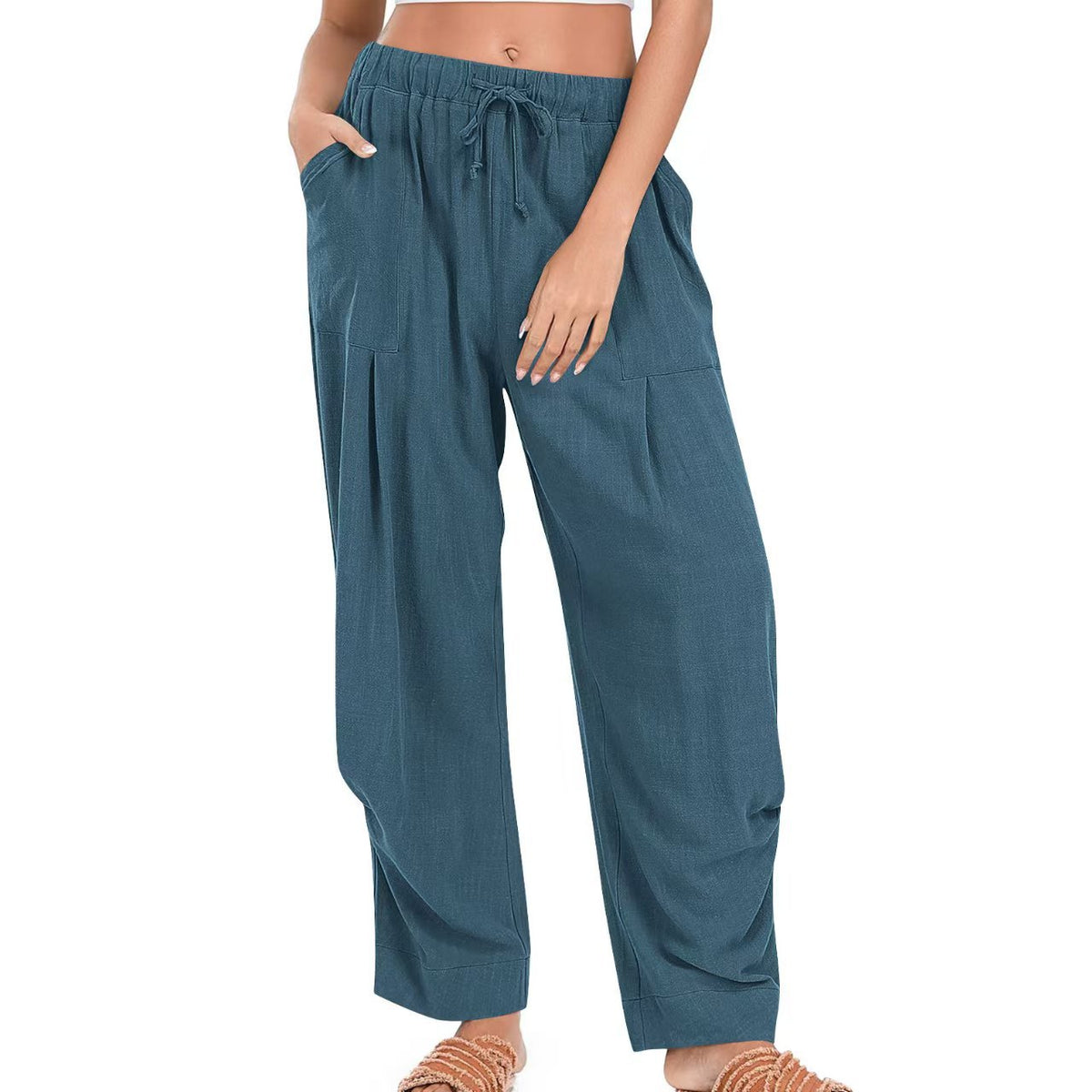 Womens Solid-Color Cotton-Linen Casual Loose Straight Pockets Lounge Pants With Drawstring See size chart under “more details”