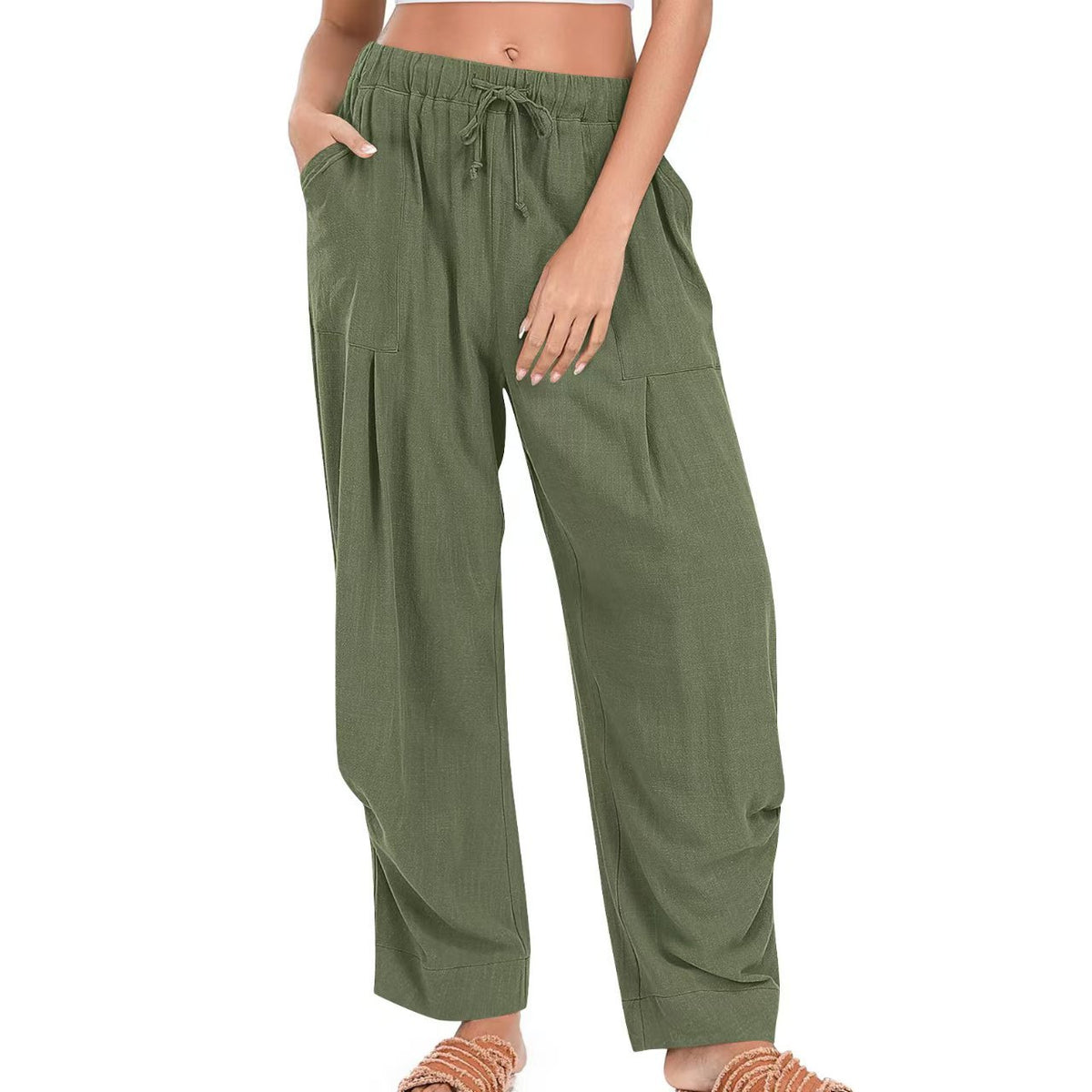 Womens Solid-Color Cotton-Linen Casual Loose Straight Pockets Lounge Pants With Drawstring See size chart under “more details”