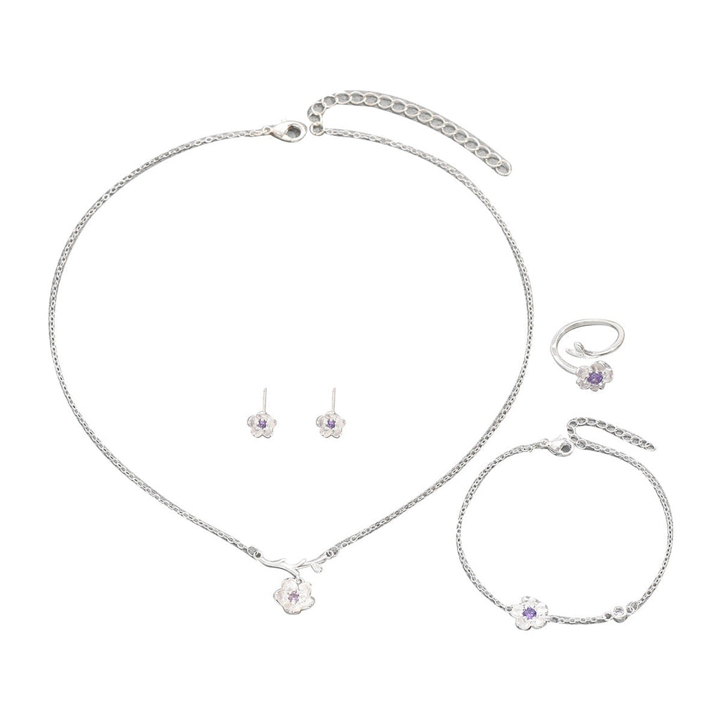 Ins Gentle Japanese Korean Style Women Jewelry Set, Cubic Zirconia Inlaid Cherry Blossom Design Long Necklace Ring Earrings Matching Accessories