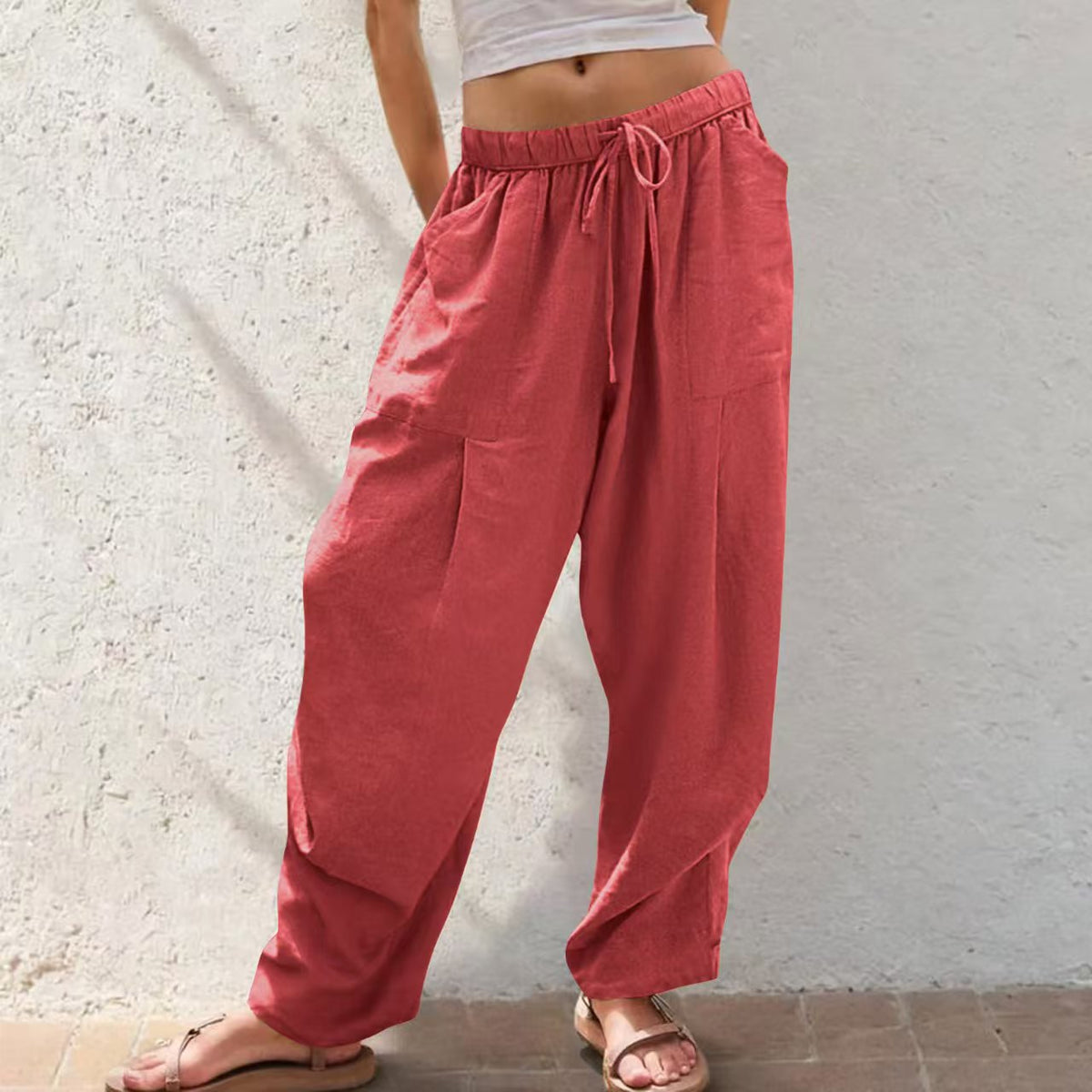 Womens Solid-Color Cotton-Linen Casual Loose Straight Pockets Lounge Pants With Drawstring See size chart under “more details”