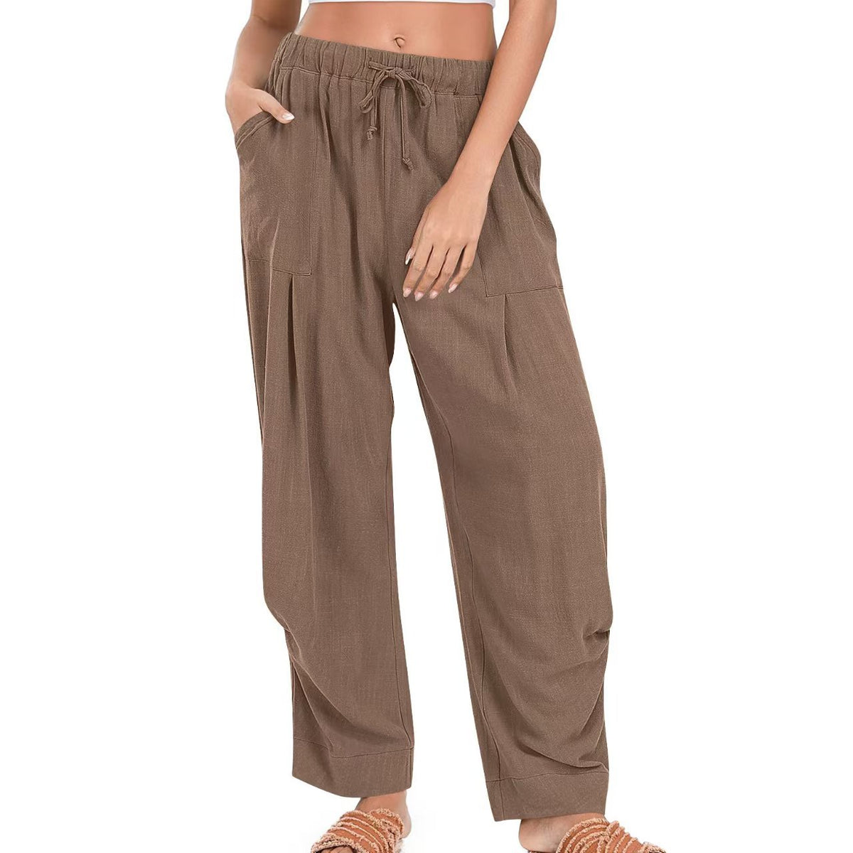 Womens Solid-Color Cotton-Linen Casual Loose Straight Pockets Lounge Pants With Drawstring See size chart under “more details”
