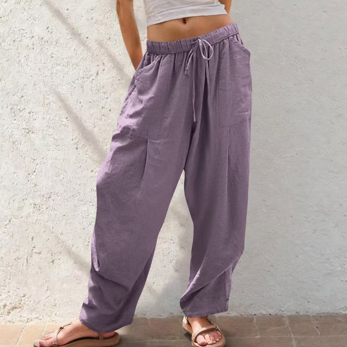 Womens Solid-Color Cotton-Linen Casual Loose Straight Pockets Lounge Pants With Drawstring See size chart under “more details”