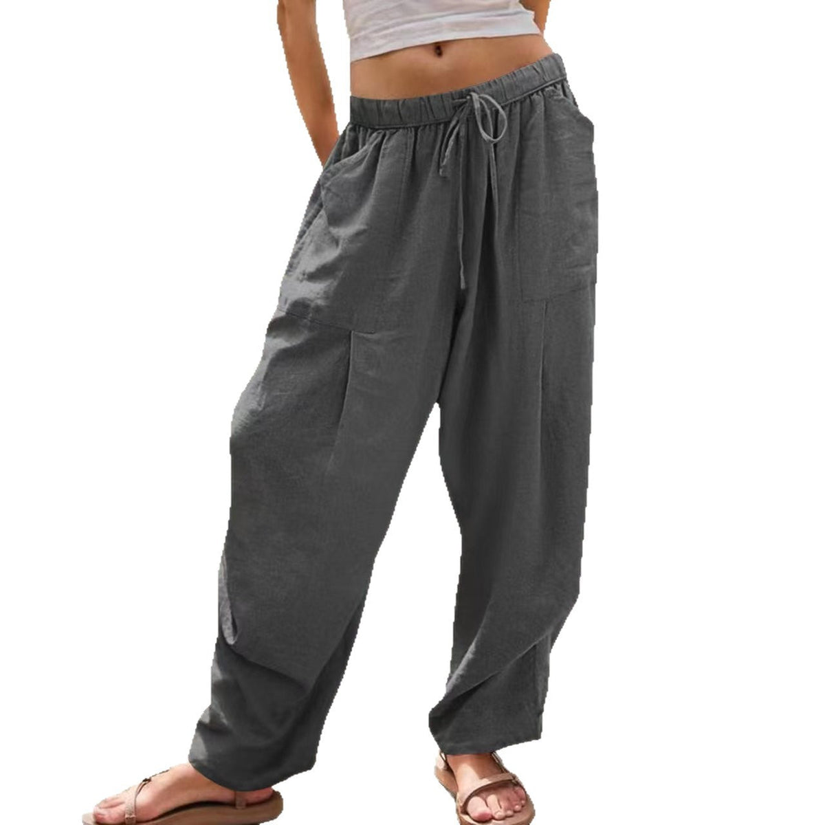 Womens Solid-Color Cotton-Linen Casual Loose Straight Pockets Lounge Pants With Drawstring See size chart under “more details”