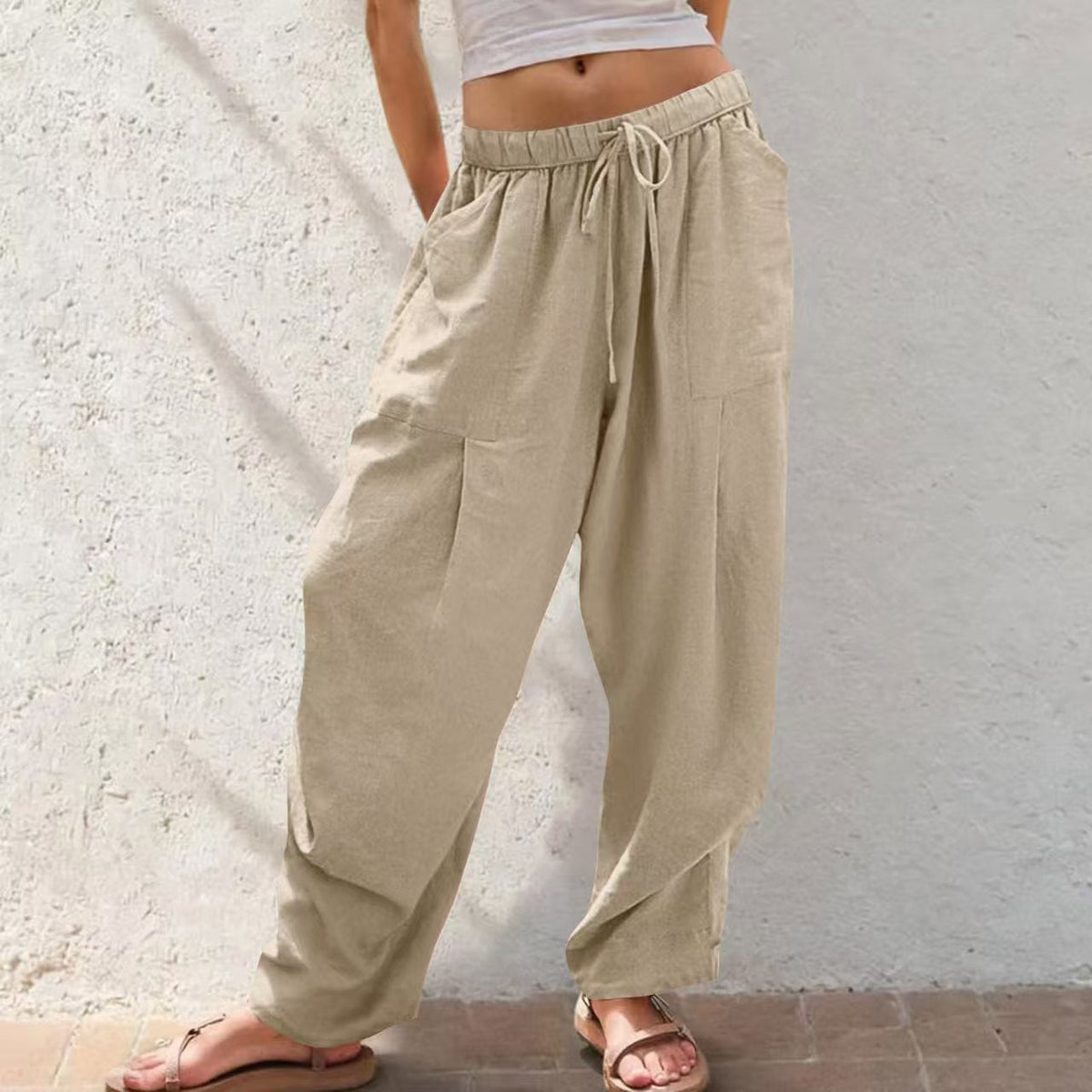 Womens Solid-Color Cotton-Linen Casual Loose Straight Pockets Lounge Pants With Drawstring See size chart under “more details”
