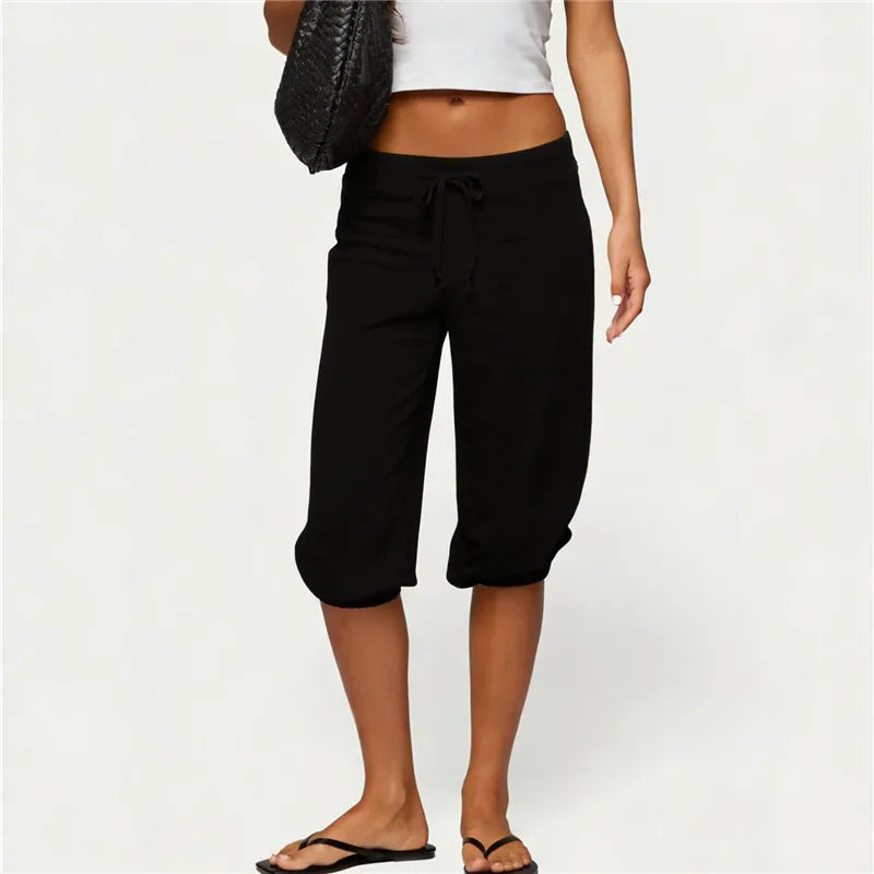 Low Rise Drawstring Yoga Wide Leg Pajama Pants Women Summer Capri Pants Casual Workout Sweatpants Knee Length Lounge Pants