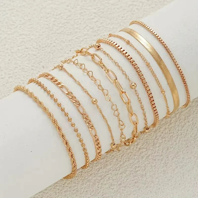 11pcs Chic Snake Chain Bracelet Set for Women Boho Simple Elegant Heart Geometric Chain Vacation Date Casual Jewelry Gifts