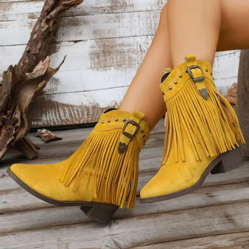 Vintage Tassel Detor Ankle Boots Women Spring Autumn Pointed Toe Square Heel Boots Woman Fashion Slip On Plus Size Booties Lady