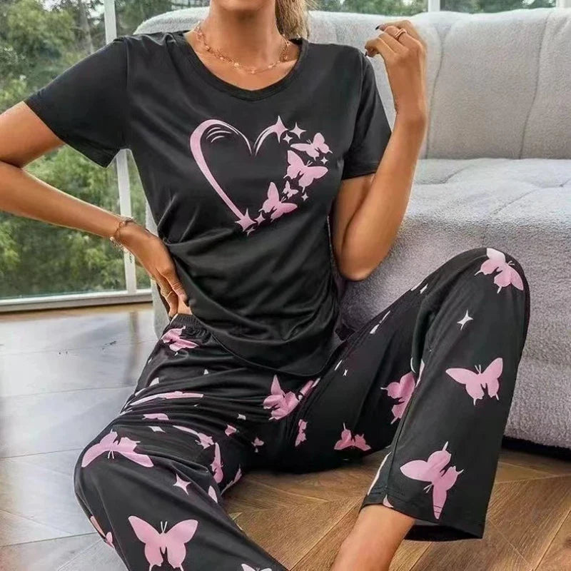 Women's Home Clothes Suit Heart Print Pajamas Set Soft Comfortable Crew Neck Tops & Pants Pyjama Femme Sleepwear for All Seasons