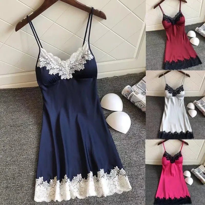 Sexy Women  Silk Robe Dress Nightdress Soft Lace Casual Nightgown Straps Sleepwear Nightdres