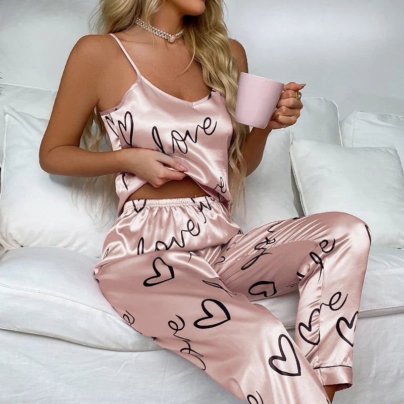 Ladies Heart Print Pajama Set Sexy V Neck Cami Top & Elastic Waistband Pants Pyjama 2 Pieces Women's Sleepwear & Loungewear Pjs