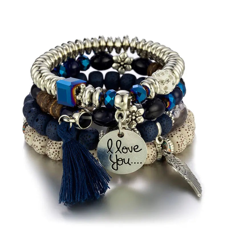 4Pcs Bohemian Women Pink Tassel Bracelet Set For Female I Love You Feather Round Charm Beads Chain Bangle Fashion Party Jewelry