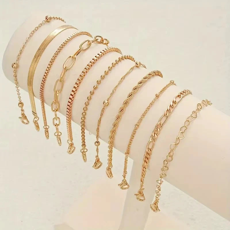 11pcs Chic Snake Chain Bracelet Set for Women Boho Simple Elegant Heart Geometric Chain Vacation Date Casual Jewelry Gifts