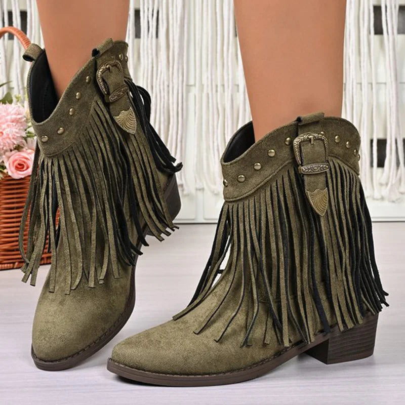 Vintage Tassel Detor Ankle Boots Women Spring Autumn Pointed Toe Square Heel Boots Woman Fashion Slip On Plus Size Booties Lady