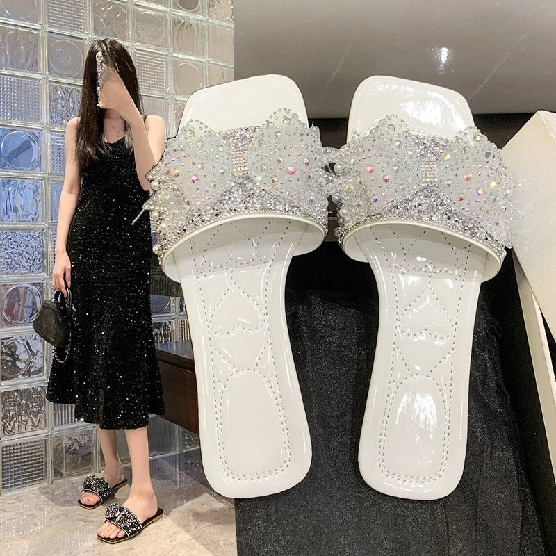 Women Summer Shoes  New Fashion Comfortable Non Slip Bow-knot Slippers Outdoor Soft Sole Rhinestone Dress Style Women Sandal