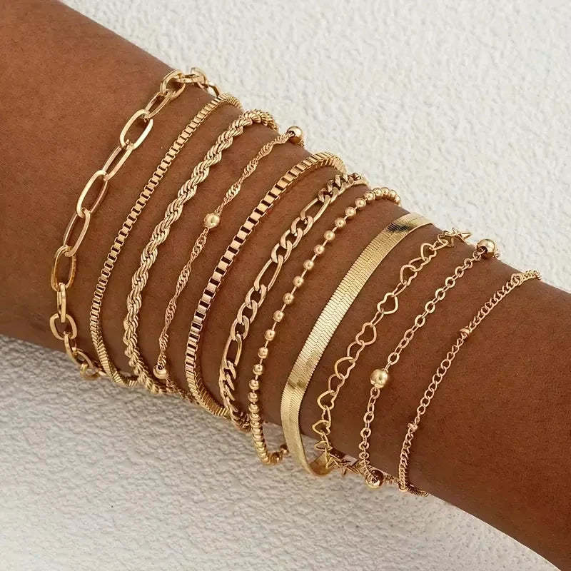 11pcs Chic Snake Chain Bracelet Set for Women Boho Simple Elegant Heart Geometric Chain Vacation Date Casual Jewelry Gifts