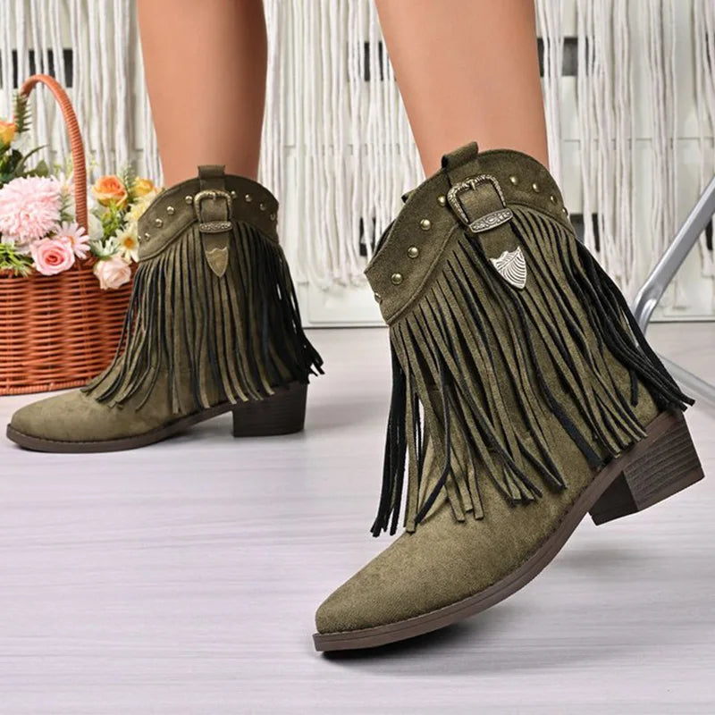 Vintage Tassel Detor Ankle Boots Women Spring Autumn Pointed Toe Square Heel Boots Woman Fashion Slip On Plus Size Booties Lady