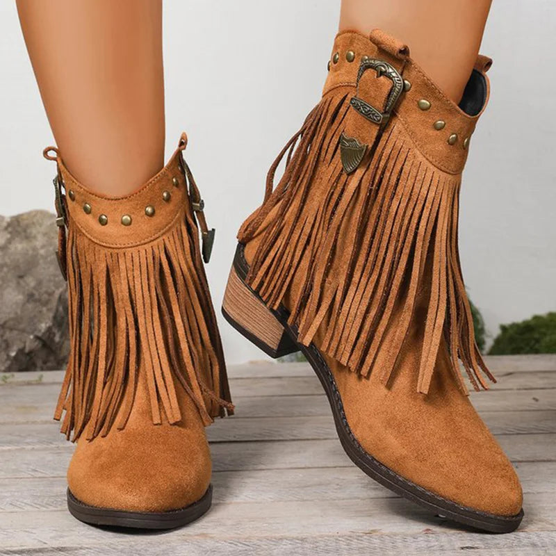 Vintage Tassel Detor Ankle Boots Women Spring Autumn Pointed Toe Square Heel Boots Woman Fashion Slip On Plus Size Booties Lady