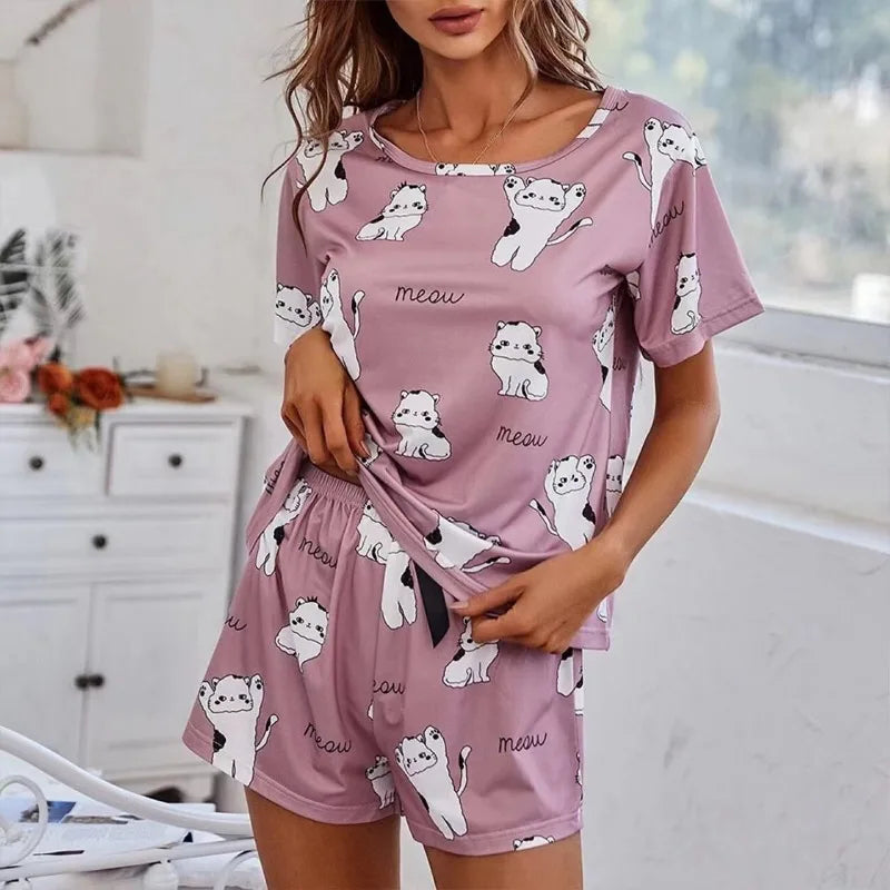 Women Pajamas Sets Short Sleeve Nightwear Top and Pants Sleepwear 2 Piece Pjs Loungewear Cartoon Print Pyjamas Set Nightwear