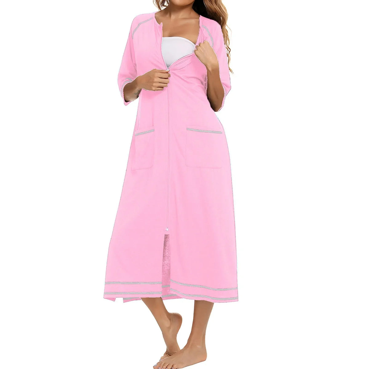 Summer Dresses For Women 2024 Zipper Front Robe Half Sleeve Bathrobe Full Length Soft Cotton Duster Dress With Pockets Home Wear