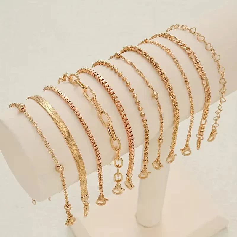 11pcs Chic Snake Chain Bracelet Set for Women Boho Simple Elegant Heart Geometric Chain Vacation Date Casual Jewelry Gifts