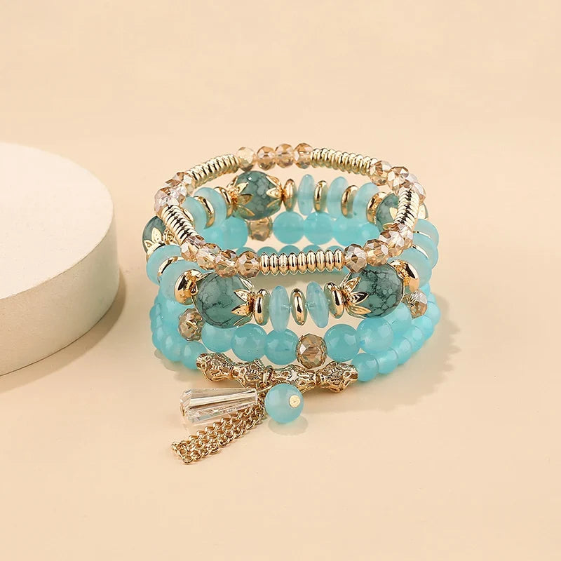4Pcs Bohemian Women Pink Tassel Bracelet Set For Female I Love You Feather Round Charm Beads Chain Bangle Fashion Party Jewelry
