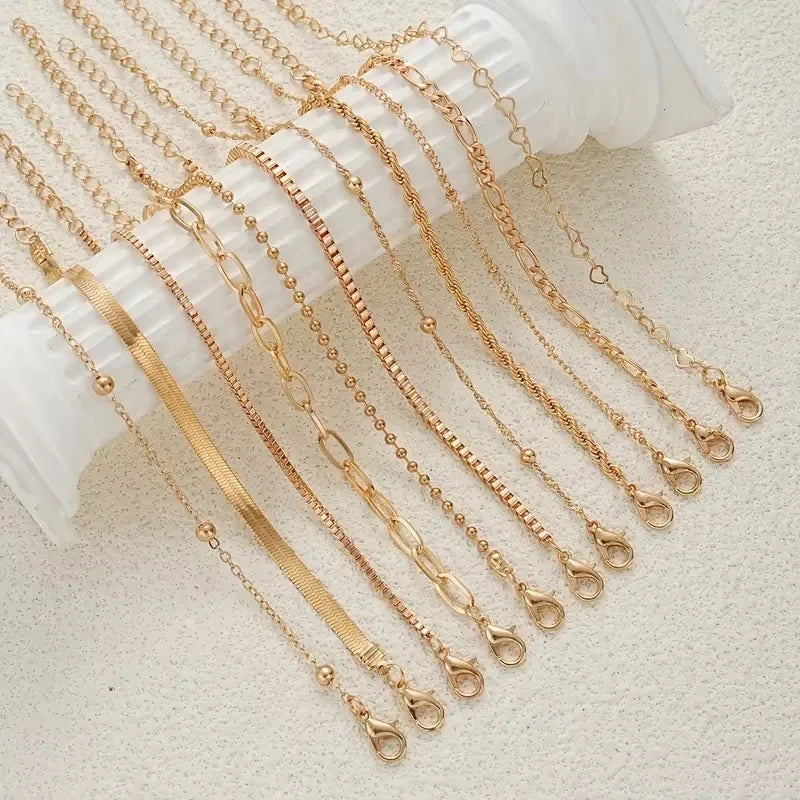 11pcs Chic Snake Chain Bracelet Set for Women Boho Simple Elegant Heart Geometric Chain Vacation Date Casual Jewelry Gifts