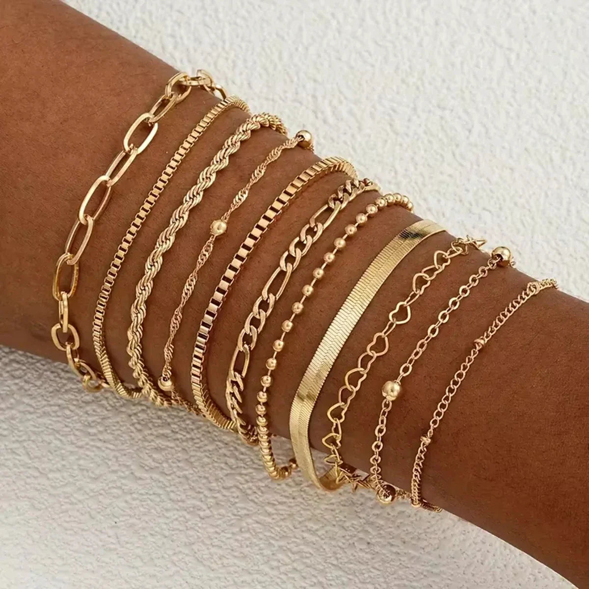 11pcs Chic Snake Chain Bracelet Set for Women Boho Simple Elegant Heart Geometric Chain Vacation Date Casual Jewelry Gifts