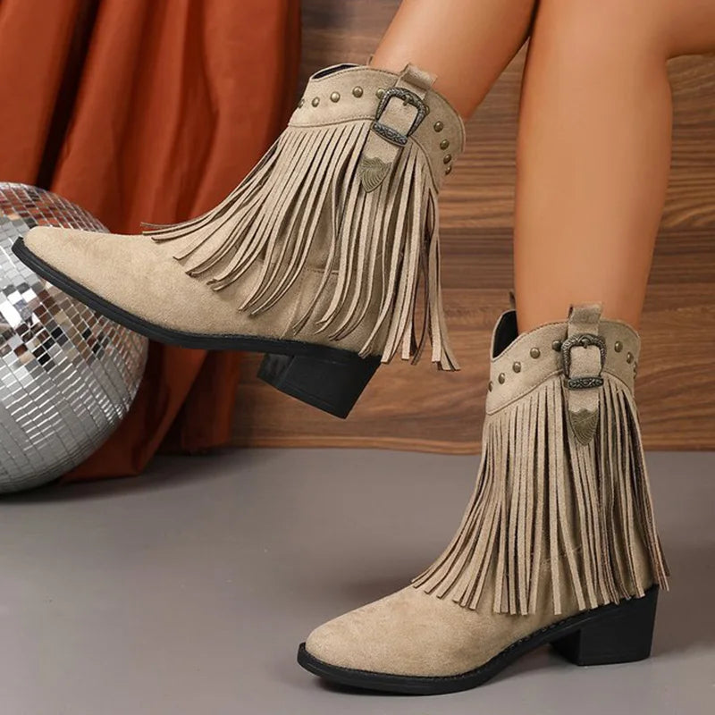Vintage Tassel Detor Ankle Boots Women Spring Autumn Pointed Toe Square Heel Boots Woman Fashion Slip On Plus Size Booties Lady