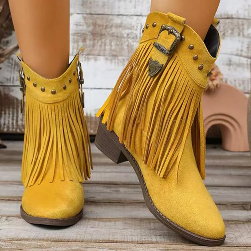 Vintage Tassel Detor Ankle Boots Women Spring Autumn Pointed Toe Square Heel Boots Woman Fashion Slip On Plus Size Booties Lady