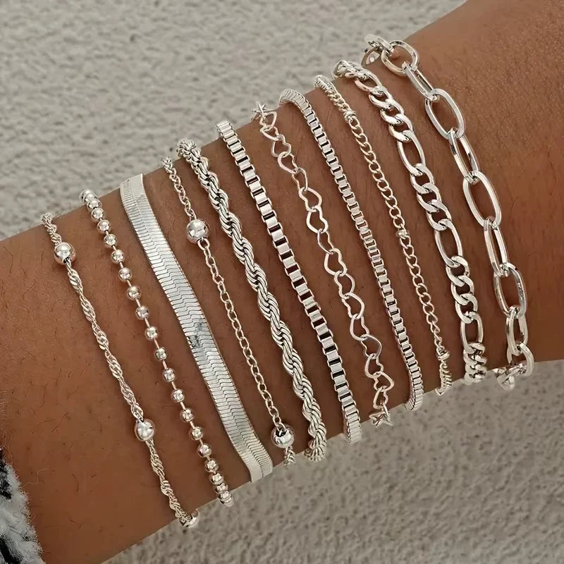 11pcs Chic Snake Chain Bracelet Set for Women Boho Simple Elegant Heart Geometric Chain Vacation Date Casual Jewelry Gifts