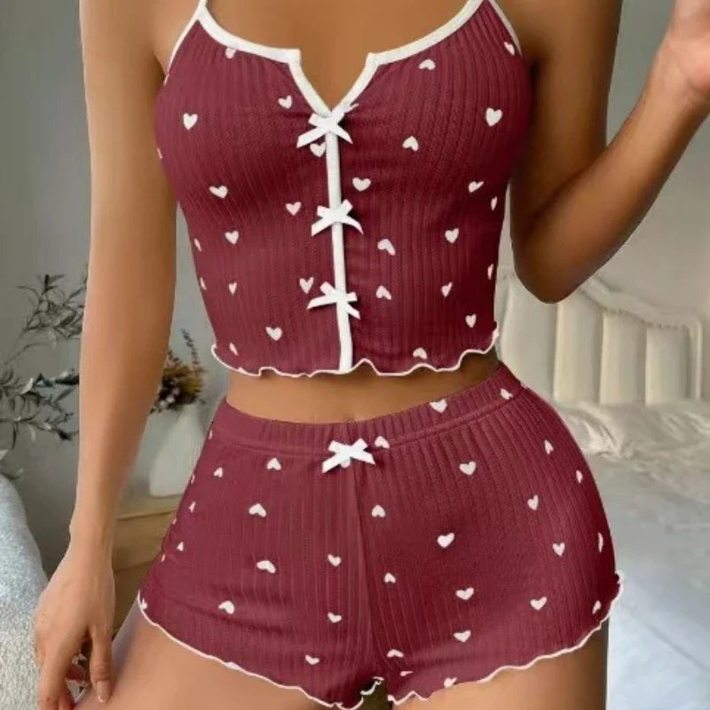 1 Set Sleepwear Women Pajamas Set Heart Print Soft Ribbed Fabric with Flirty Frill Trim Casual Top and Short Set Loungewear