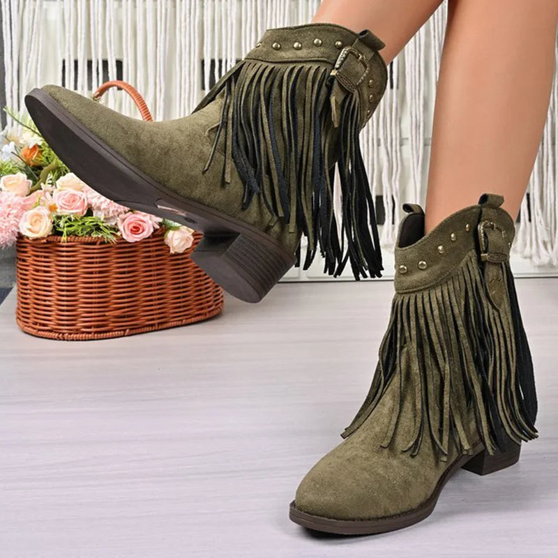 Vintage Tassel Detor Ankle Boots Women Spring Autumn Pointed Toe Square Heel Boots Woman Fashion Slip On Plus Size Booties Lady