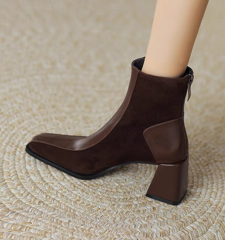 Womens Vintage Square Toe Block Heel Ankle Boots French Style Color Block Back Zipper Minimalist Commute High Heel Single Boots Womens Ankle Boots