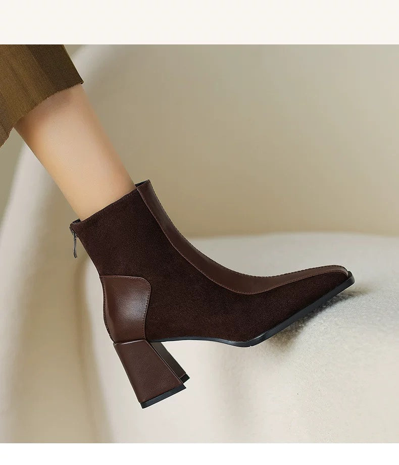 Womens Vintage Square Toe Block Heel Ankle Boots French Style Color Block Back Zipper Minimalist Commute High Heel Single Boots Womens Ankle Boots