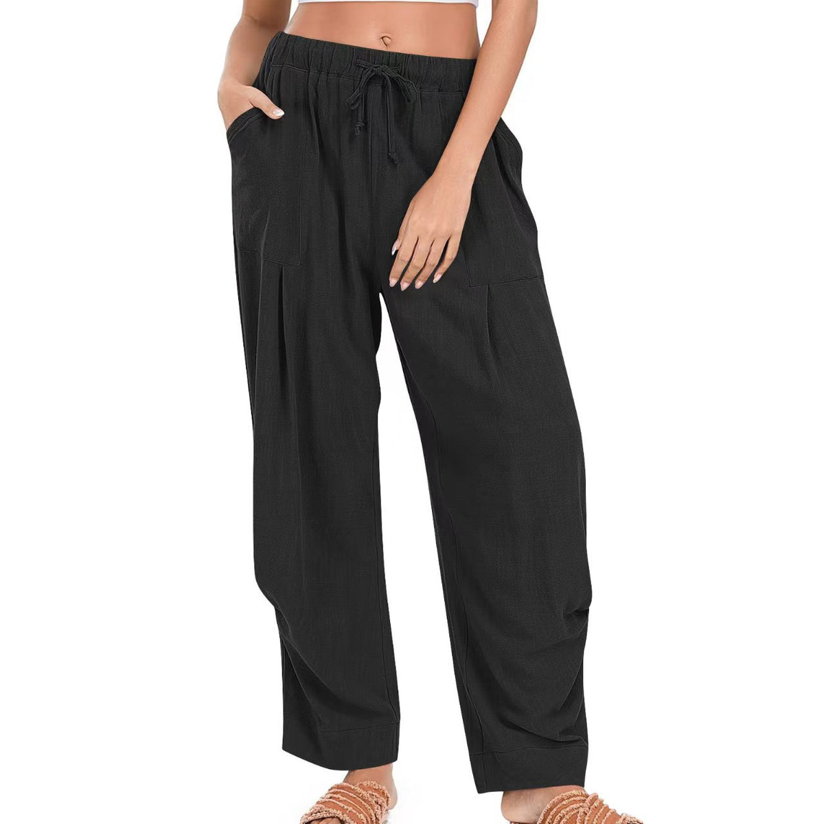 Womens Solid-Color Cotton-Linen Casual Loose Straight Pockets Lounge Pants With Drawstring See size chart under “more details”