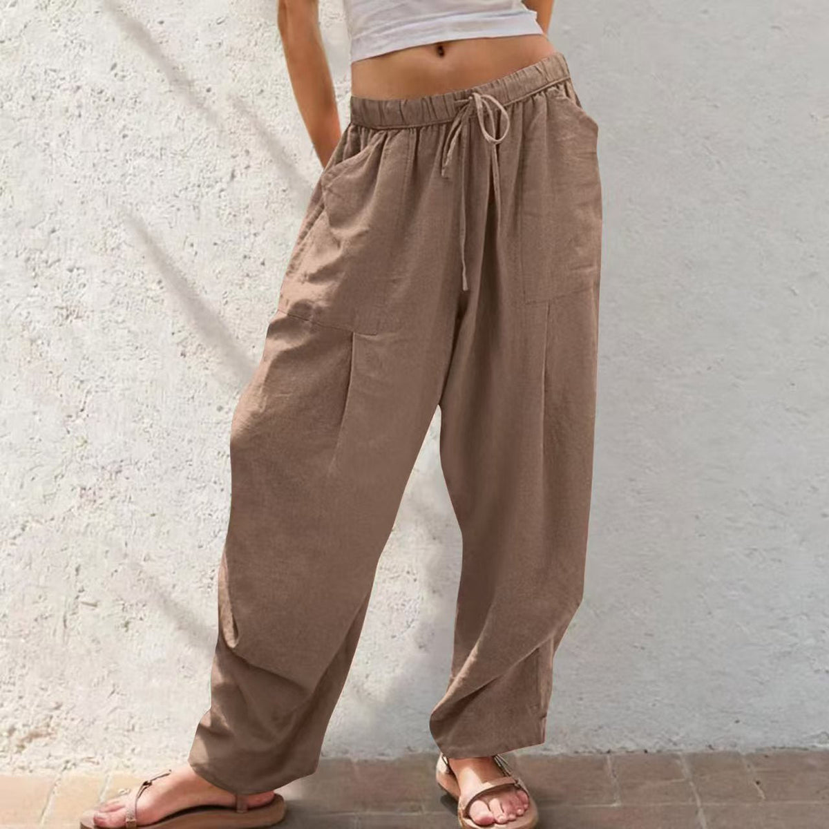 Womens Solid-Color Cotton-Linen Casual Loose Straight Pockets Lounge Pants With Drawstring See size chart under “more details”